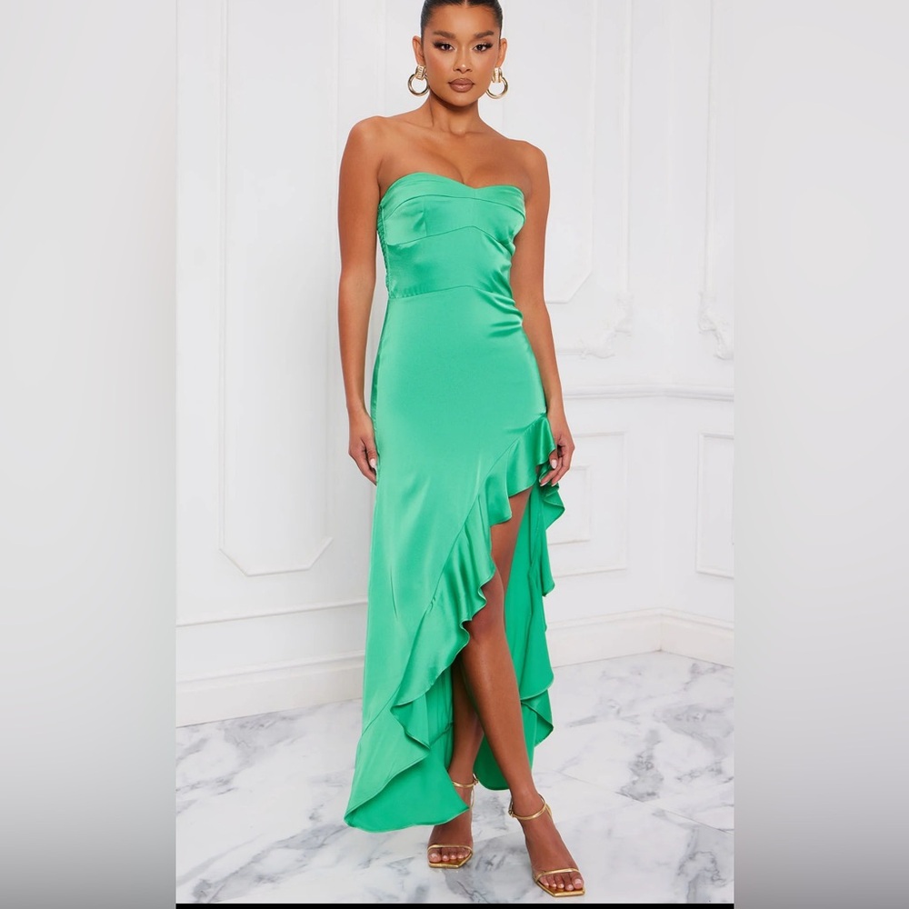 Green satin midi dress with ruffle hem